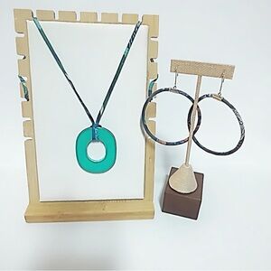 Hermes Teal Pendant Necklace with Silver Hoop Earrings and necklace